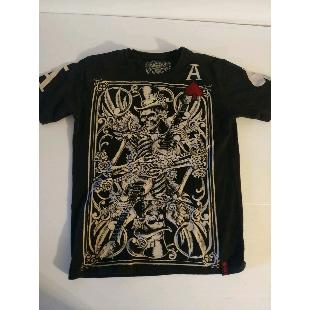 Mens size S/L Black T-Shirt  skeleton playing guitar punk  @30